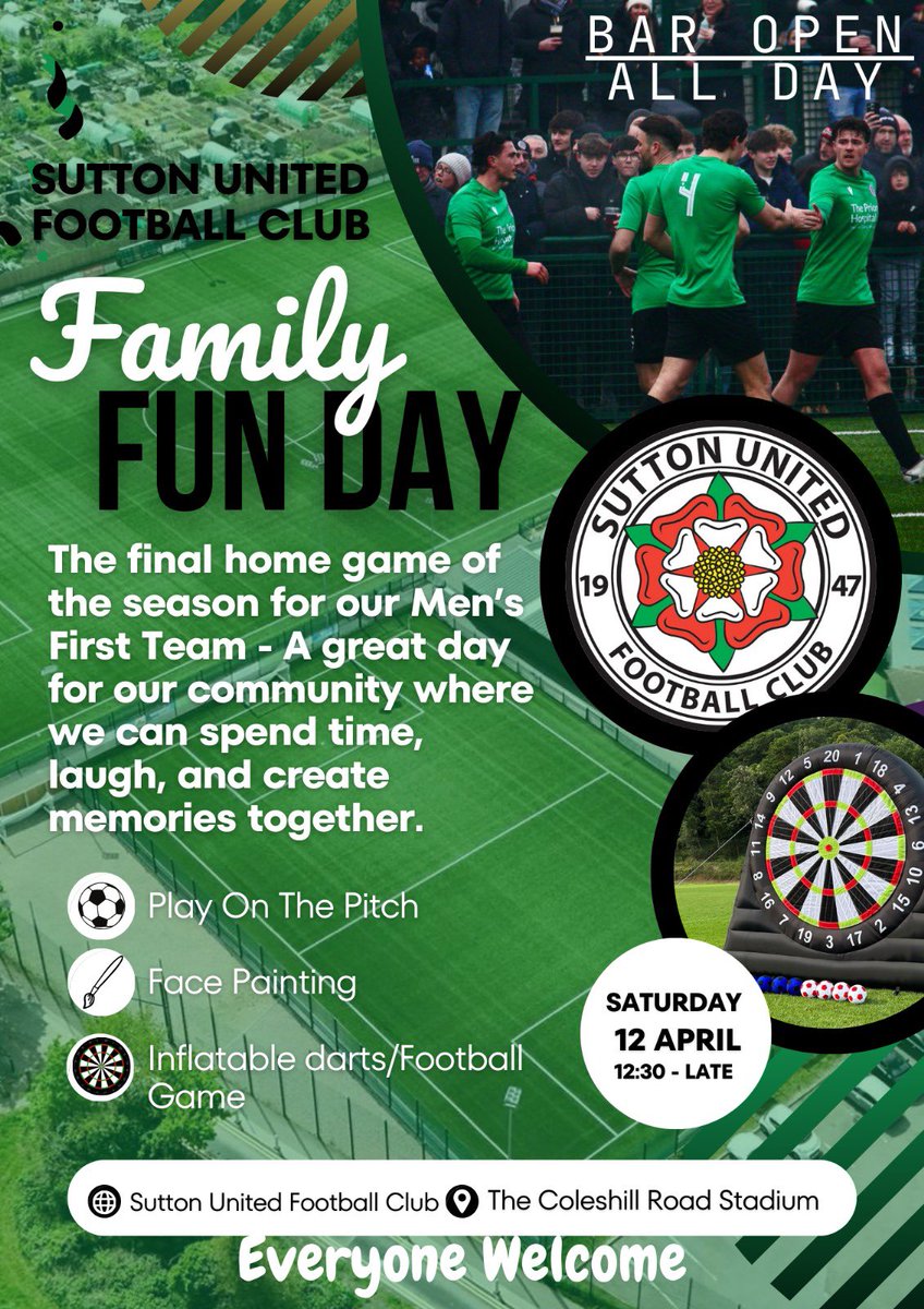 SuttonUtdFC's tweet photo. Family Fun Day 2025! EVERYONE WELCOME! 

Sutton United First Team 🆚 @AFCBridgnorth ! 3pm KO! ⚽️

Theme: Uniting Families, Creating Memories.. 
With Inflatables, music, food, games, endless smiles and fun in the sun! Bringing our community together one fun day at a time! https://t.co/2uXA3NWipF