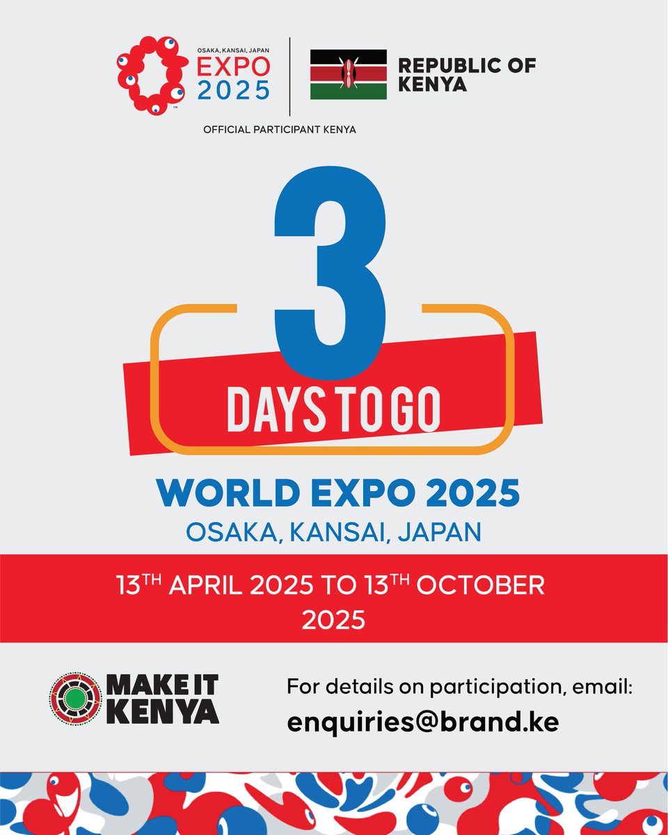 KenyaAtExpo2025's tweet image. Get ready to experience the best of #MadeInKenya at #Expo2025. Kenya is bringing its finest products to the global stage. Mark your calendars for 13th April 2025 and join us as we showcase the creativity, quality, and spirit of Kenya.

@expo2025_japan @expo2025japan