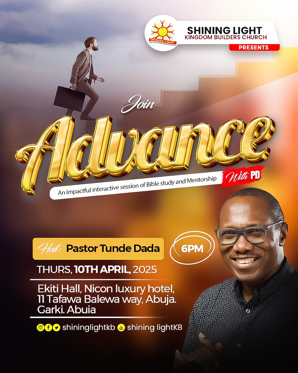Slkbchurch's tweet photo. Join us for our Mid-Week Service, Advance, today at Ekiti Hall, Nicon Luxury Hotel, Abuja.

Time: 6 pm.
#acceleration #advance #midweek https://t.co/dsOel8ZB45