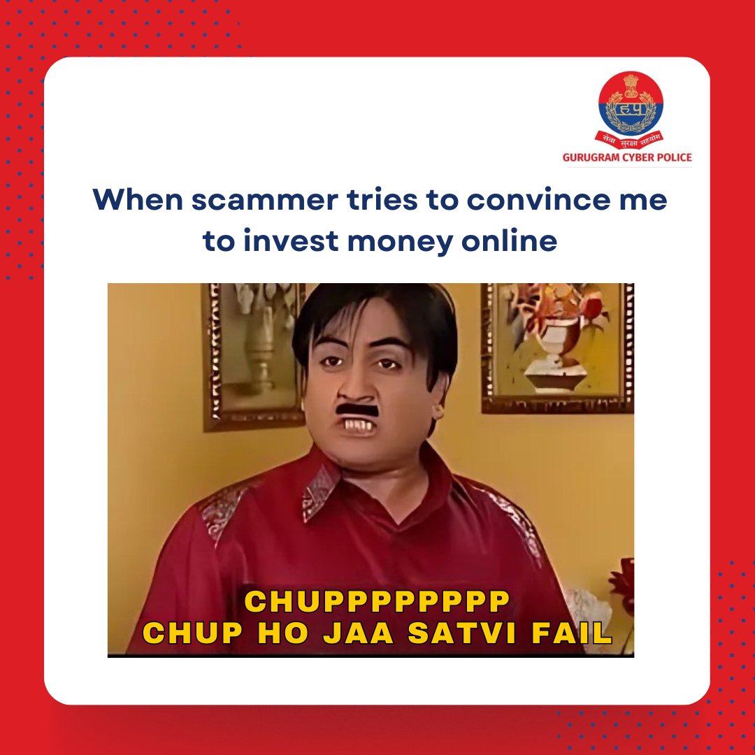 cyberpoliceggm's tweet photo. #stopthinkaction #scam #awareness #cyberawareness #cybersafety #cyberscam #safety #cybersecurity #BeCyberSmart
@cyberpoliceggm
@gurgaonpolice
@police_haryana
@cyberdost
@DC_Gurugram
@DGPHaryana
@cmohry https://t.co/oXQOuQgU8i