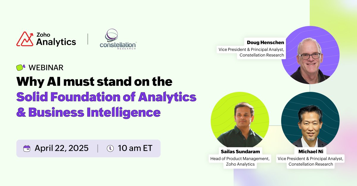 ZohoAnalytics's tweet image. 📽️ Join our exclusive #webinar with @constellationr to uncover how a strong data foundation sets the stage for success in this #AI age
📊Learn how the latest AI-powered #BI capabilities are driving smarter, faster decision-making
👉 Save your spot now💺 zoho.to/mrn
