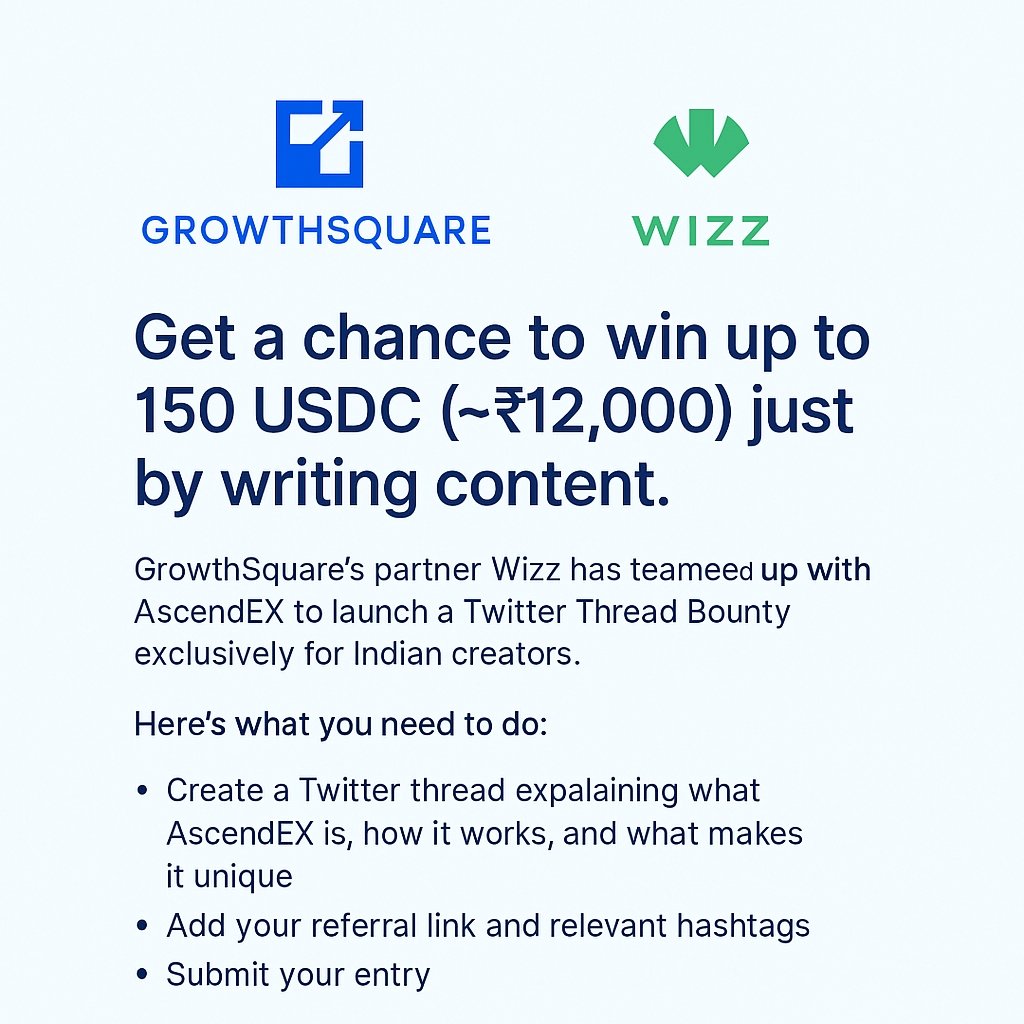 Win $150USDC (~₹13,000) just by writing a twitter thread? 👀

From <a href="/WizzHQ/">Wizz</a> x <a href="/AscendEX_/">AscendEX</a> to only Indian creators. 

✅ Write a thread about AscendEX
✅ Add your referral + hashtags
✅ Top 7 threads win prizes

Deadline: April 13
Apply: LINK IN COMMENTS