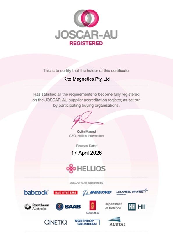 Kite Magnetics is delighted to announce that we have obtained official accreditation with JOSCAR (Joint Supply Chain Accreditation Register) in Australia, further solidifying our position in the #aerospace, #defense, and #security industries.