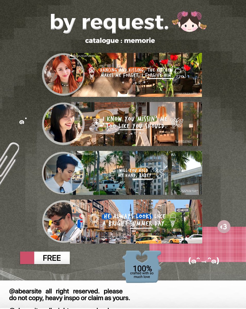 help rt? makasih. 🧸🎀

halo, dalam rangka appreciation for rifky <a href="/riddtles/">rifky</a> who always tries his best until now, mau berbagi 5 slot layout by request edisi "MEMORIE"! 🥳🍬🪼🎸🎧

💭 Kamis, 10 April
⏰ 19.35 wib
📝 by dm

wajib baca tnc dibawah ya! 🧸

#zonauang #zonaba