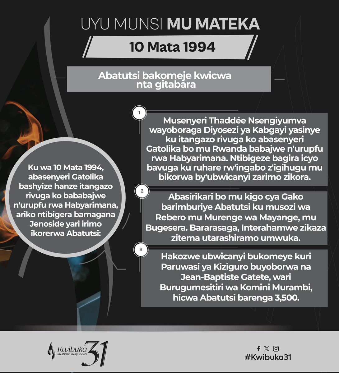 UYU MUNSI MU MATEKA

Ku wa 10 Mata 1994, Abasenyeri ba Kiliziya Gatolika mu Rwanda basohoye itangazo rivuga ko babajwe n’urupfu rwa Perezida Habyarimana ariko ntibavuga cyangwa ngo bamagane iyicwa ry'Abatusi ryakorwaga.

#Kwibuka31