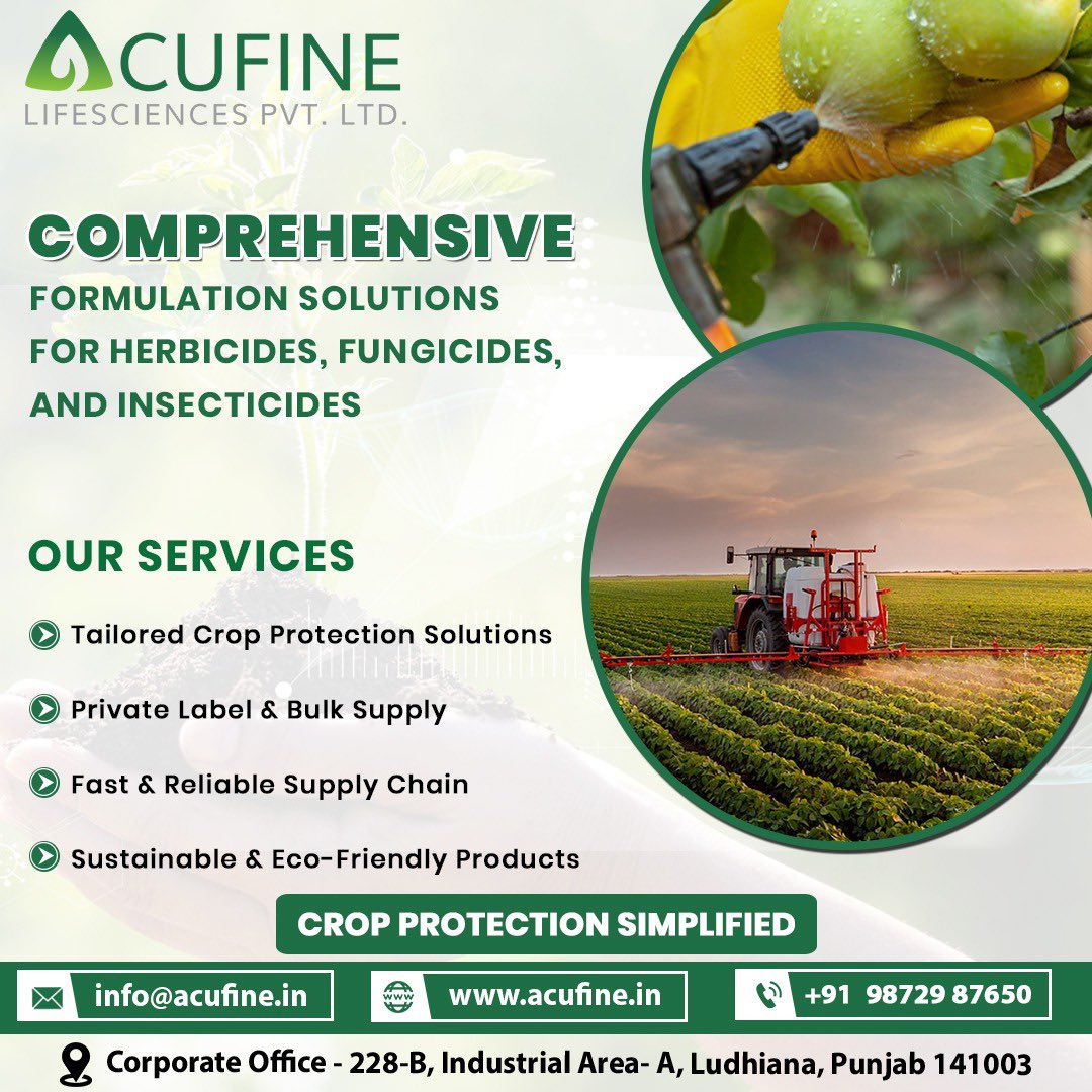 acufine's tweet image. From herbicides to insecticides — we deliver comprehensive formulation solutions tailored for modern agriculture.

Eco-friendly. Fast. Reliable.
Trust Acufine Lifesciences for smarter crop protection.

#CropProtectionSimplified #SustainableFarming #AgroSolutions #Acufine