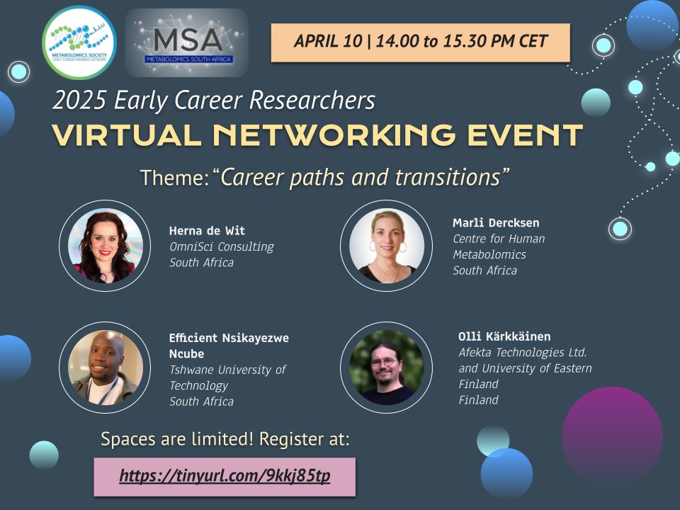 Attention #Metabolomics ECRs!    
Join us at the #ECR Networking Event 2025, co-organized by <a href="/MetabolomicsSoc/">Metabolomics Society</a> &amp; <a href="/MetabolomicsSA_/">Metabolomics South Africa</a> 
🗓️ 10 April 
⏲️ 2 pm (SAST)
#Networking #MetabolomicsSociety 
Register here 📷tinyurl.com/9kkj85tp
<a href="/EMN_MetSoc/">EMN Metabolomics Society</a> @EMN_MSA <a href="/FT_ResearchUJ/">The Tugizimana Lab</a> <a href="/Imbewu_MG/">Imbewu Metabolomics Group</a>