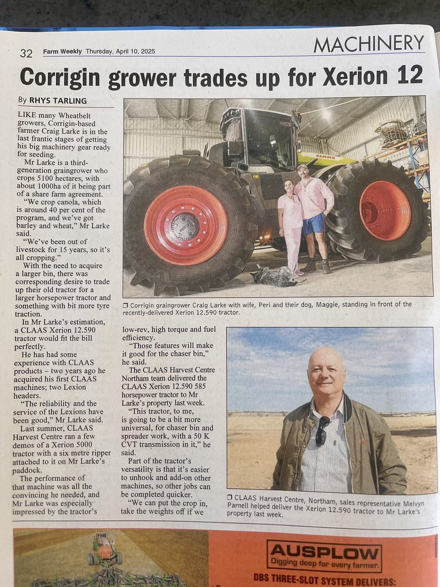 Great to be in this week’s edition of Farm Weekly for the new CLAAS XERION 12.590 delivered into Corrigin. 
Always thankful to farmers for the sales we have been getting in Western Australia. 🇦🇺