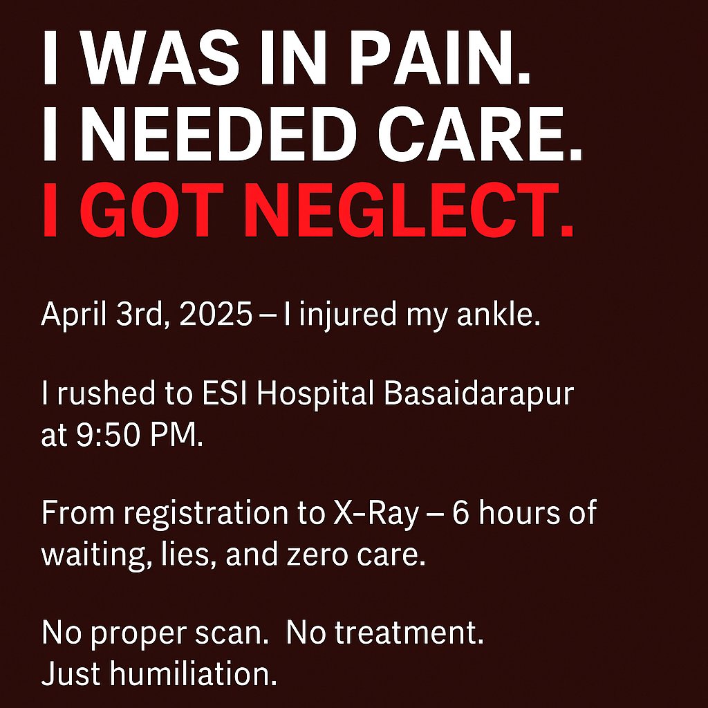 LakshyaSha_1750's tweet image. In pain. Limping. Begging for care.
April 3, 9:50 PM — ESI Hospital Basaidarapur.
What I got: filth, lies &amp;amp; humiliation.
Cockroaches on cots. Dogs beside patients.
Staff missing. Machines “not working.”
This isn’t healthcare. This is hell.
#SystemFailedUs #ESIBasaidarapurScam