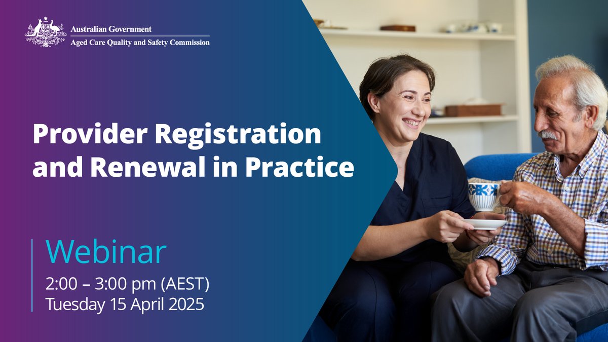 Aged Care Quality and Safety Commission (@agedcarequality) on Twitter photo š£ Join our third webinar of 2025, āProvider Registration and Renewal in Practiceā.
We will cover:
Ā· registering as a new provider
Ā· renewing registration for existing providers
Ā· the deeming process
Ā· how providers can vary their registration
Register: loghic.eventsair.com/685711/349951/⦠š£ Join our third webinar of 2025, āProvider Registration and Renewal in Practiceā.
We will cover:
Ā· registering as a new provider
Ā· renewing registration for existing providers
Ā· the deeming process
Ā· how providers can vary their registration
Register: loghic.eventsair.com/685711/349951/ā¦