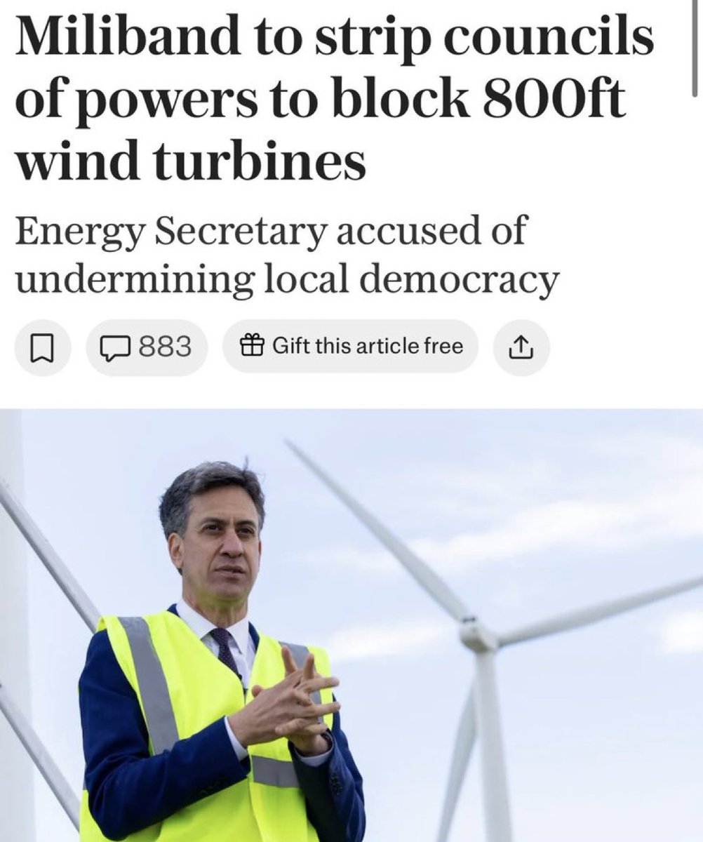 JamesMelville's tweet photo. Ed Miliband has stripped local councils of their power to block giant onshore windfarm developments, to ensure that he gets the final sign-off. 

Authoritarianism on the altar of net zero. https://t.co/9rqdPPuHmr