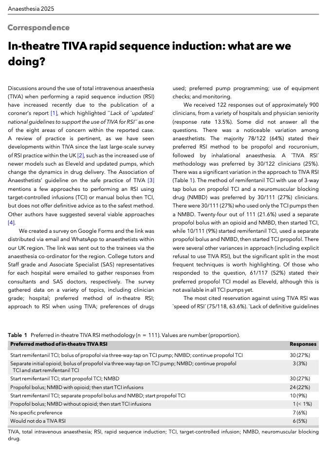 Do you use TIVA when you are doing a rapid sequence induction in theatre?

#anaesthesia #airway #medicine

doi.org/10.1111/anae.1…