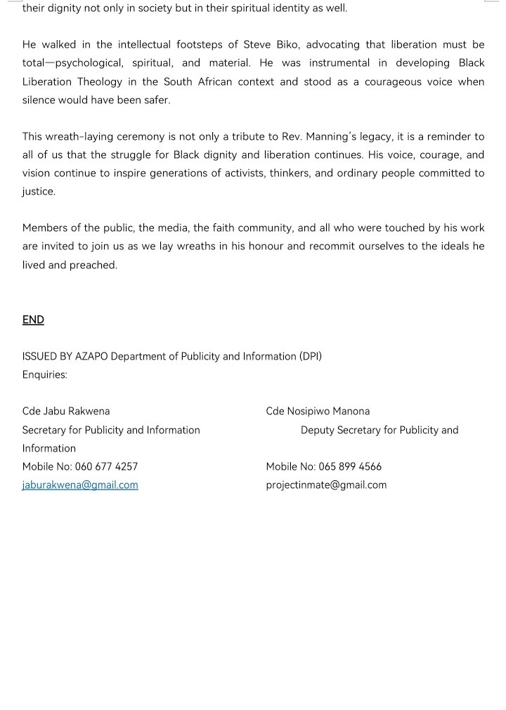 The Azanian People's Organisation (AZAPO) and Freedom Park will host a wreath-laying ceremony on 12 April 2025 to commemorate the life and legacy of Rev Basil Manning, who passed away on 21 October 2023.

Date: 12 April 2025
Time: 11:00 AM
Venue: Freedom Park Precinct, Tshwane