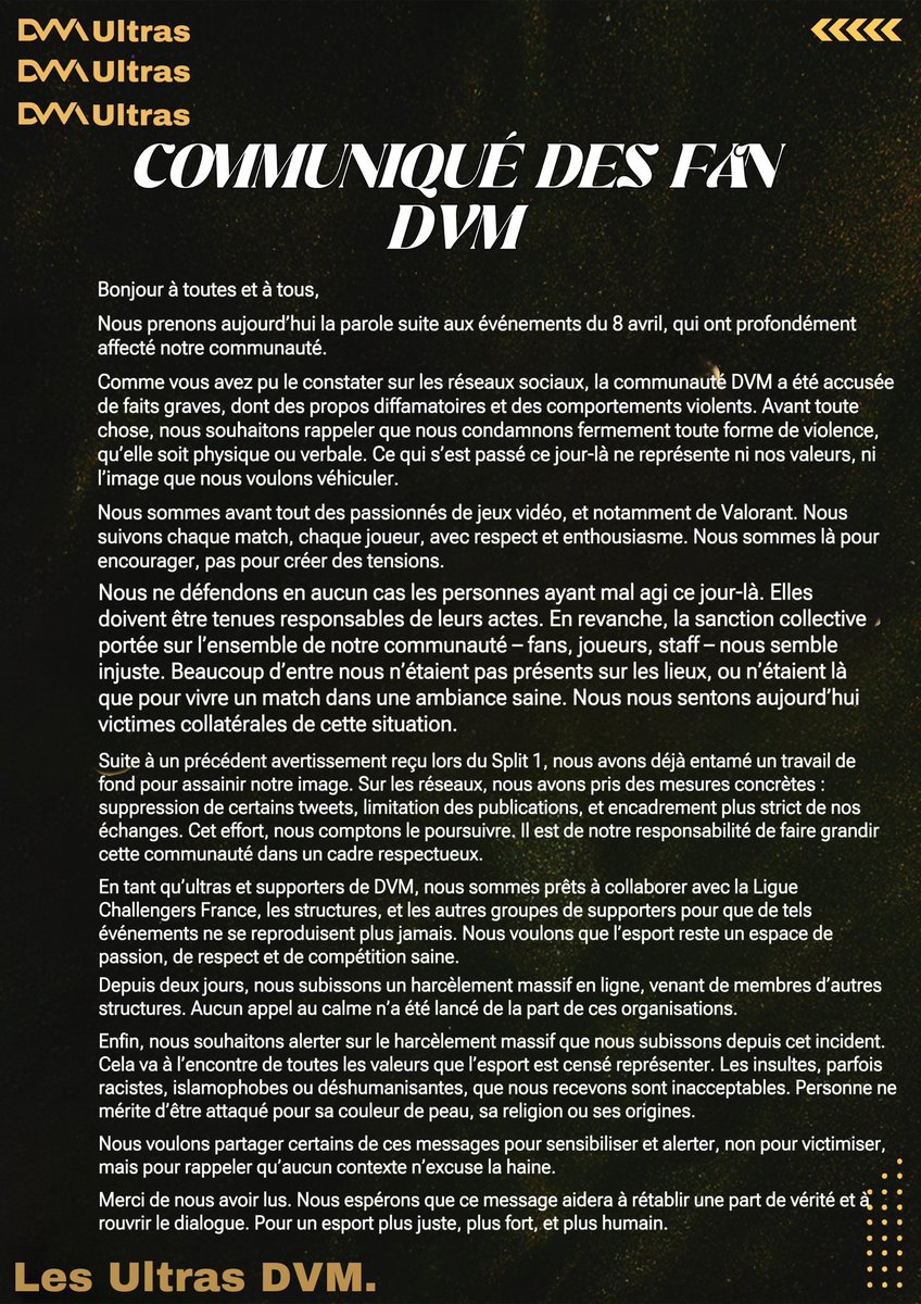 Communiqué officiel Ultras DVM  suite a l’incident du 8 Avril :