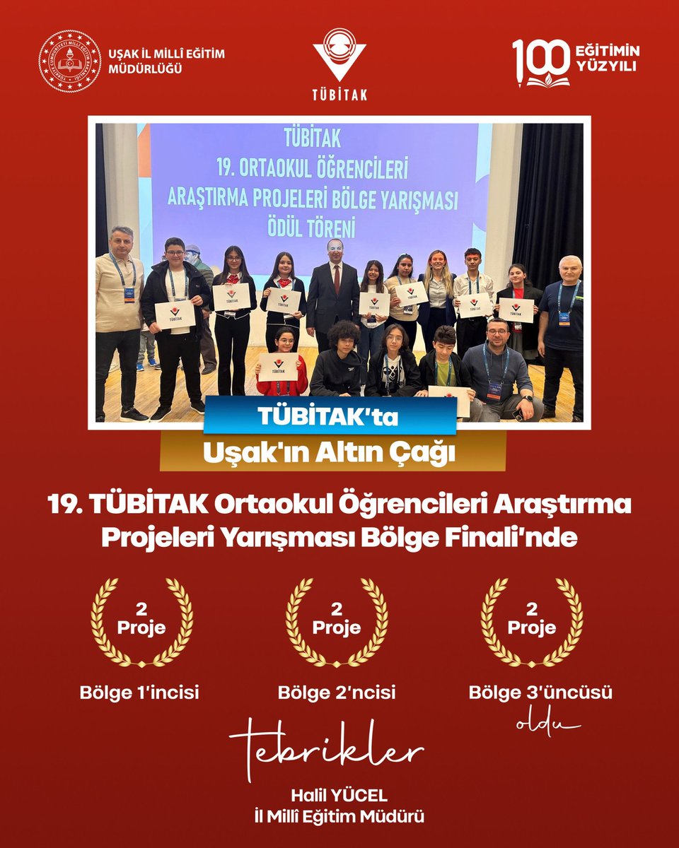 TÜBİTAK'ta Uşak'ın Altın Çağı ✨👏👏✨️🥇🏆

19. TÜBİTAK 2204 -B Ortaokul Öğrencileri Araştırma Projeleri Yarışması İzmir Bölge Finali'nde 13.918 proje arasından;

🥇2’si birincilik,
🥈2’si ikincilik,
🥉2’si üçüncülük elde ederek,

toplamda 6️⃣ projemiz dereceye girdi.