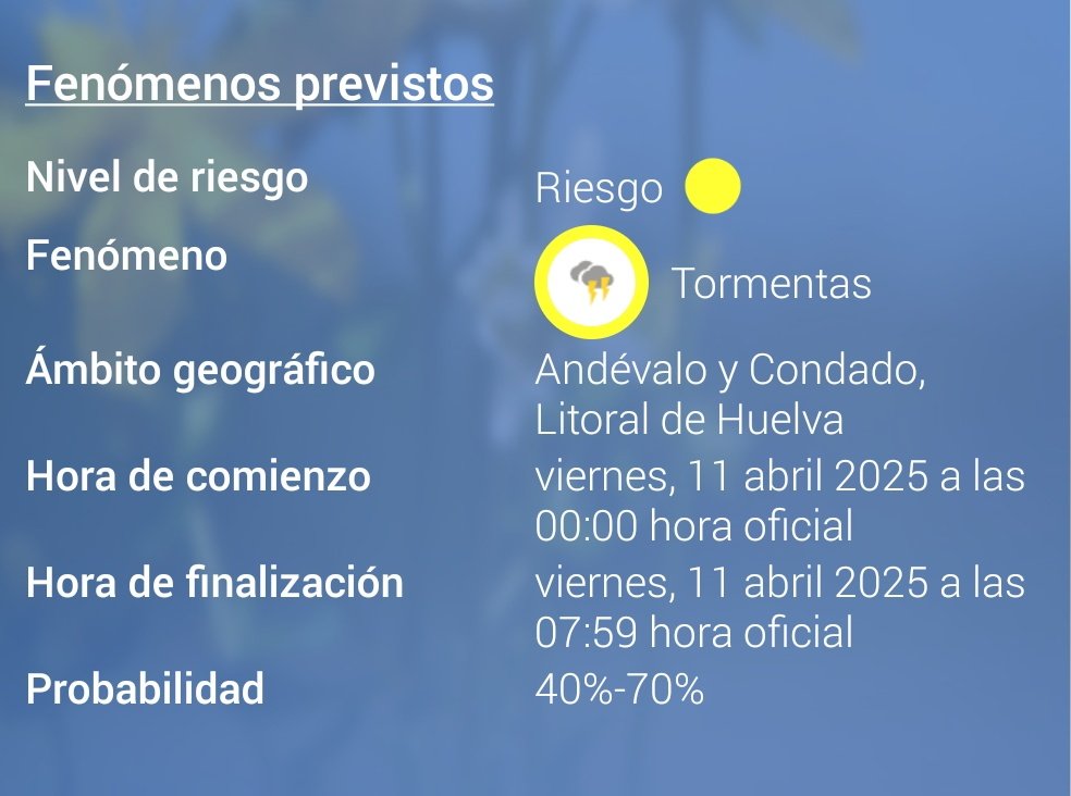 Meteohuelva's tweet photo. Atención que Aemet acaba de emitir aviso amarillo por posibles tormentas fuertes para mañana viernes en las comarcas de Litoral, Andévalo y Condado.

El aviso se activará a medianoche y estará vigente hasta las 8:00 h. https://t.co/hRg0xeKRvt