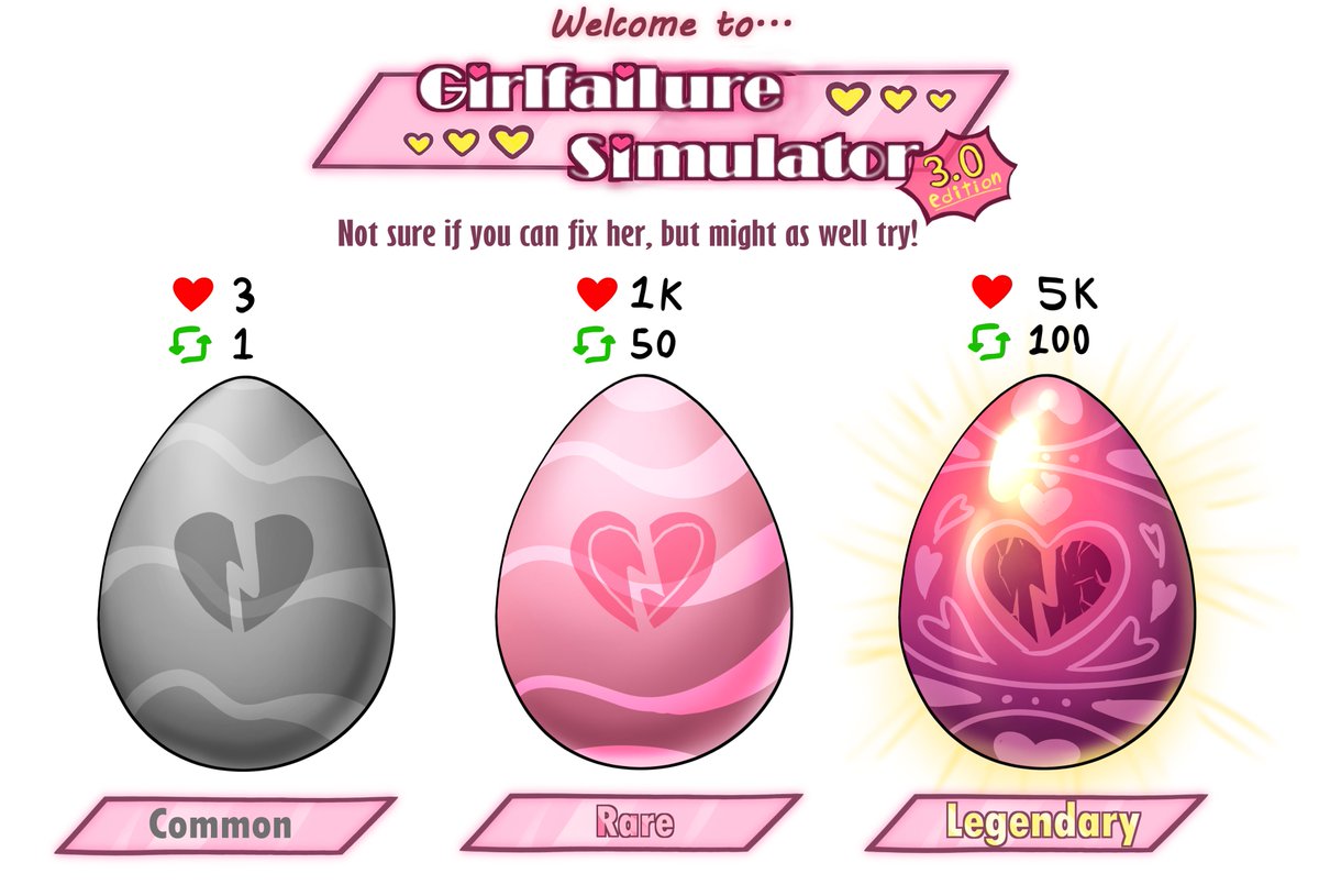 pipislayer_vt's tweet photo. IT'S BACK! Welcome to Girlfailure Simulator (3.0 edition)! The one and only game where you take care of your own girlfailure! Your previous girlfailure has unfortunatelly passed away from starvation, but do not fret, it is time to try again! Start by picking your new egg! https://t.co/9CNQCmuJp6