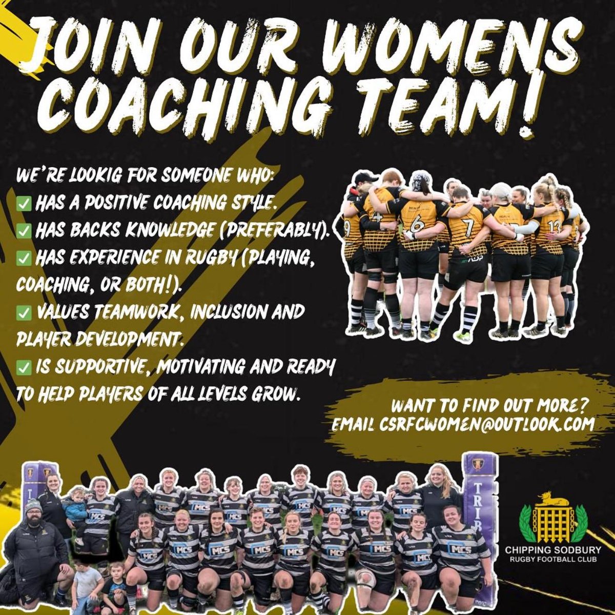 Chipping Sodbury RFC (@csrfctweets) on Twitter photo Our woman’s team are looking for an assistant coach to join the set up. For more information email csrfcwomen@outlook.com
<a href="/swsportsnews/">South West Sports News</a> <a href="/GRFUrugby/">#GRFU</a> <a href="/BSDistrictRugby/">Bristol & District Rugby Football Combination</a> <a href="/fyb_rugby/">Fill Your Boots 🏉</a> <a href="/local_rugby/">Local Gloucester Club Rugby</a> <a href="/KLBSport/">KLB Sport</a> <a href="/YateAcademyPE/">Yate Academy PE</a> Our woman’s team are looking for an assistant coach to join the set up. For more information email csrfcwomen@outlook.com
<a href="/swsportsnews/">South West Sports News</a> <a href="/GRFUrugby/">#GRFU</a> <a href="/BSDistrictRugby/">Bristol & District Rugby Football Combination</a> <a href="/fyb_rugby/">Fill Your Boots 🏉</a> <a href="/local_rugby/">Local Gloucester Club Rugby</a> <a href="/KLBSport/">KLB Sport</a> <a href="/YateAcademyPE/">Yate Academy PE</a>