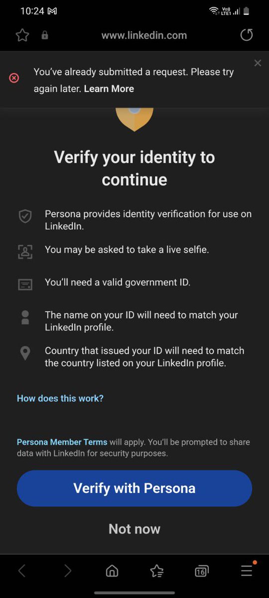 akasseam90's tweet photo. Hi @LinkedInHelp I’m unable to access my account. I've submitted my verification documents via Persona, but I keep getting the message: "You've already submitted a request. Please try again later." I urgently need assistance as I cannot log in or reset my password! https://t.co/JcWvVVgnAt