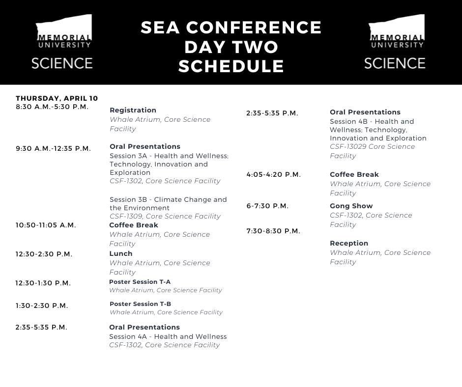 SEA Conference day two is underway! 

Come register and grab your badge, and take in the awesome presentations happening today – and get excited for the Gong Show happening tonight!

To see the full SEA Conference schedule and program, visit: mun.ca/science/resear…