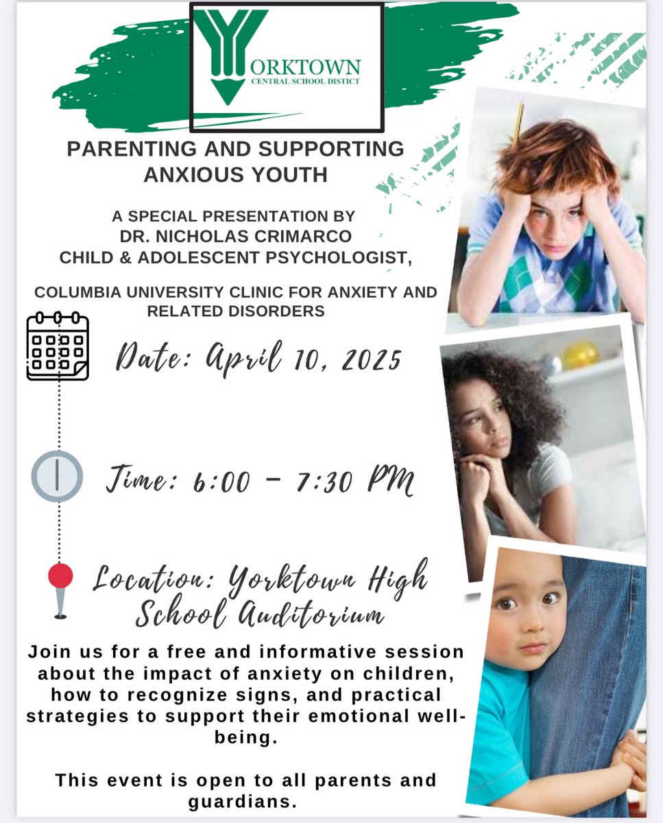 Yorktown CSD Pupil Personnel Services (@yorktownpps) on Twitter photo Please join us tonight from 6:00-7:30 at Yorktown High School’s Auditorium for a special presentation for parents on the topic of anxiety. Our guest speakers is Dr. Nick Crimarco, from the Columbia University Center for Anxiety and Related Disorders. <a href="/YorktownCSD/">YorktownCSD</a> Please join us tonight from 6:00-7:30 at Yorktown High School’s Auditorium for a special presentation for parents on the topic of anxiety. Our guest speakers is Dr. Nick Crimarco, from the Columbia University Center for Anxiety and Related Disorders. <a href="/YorktownCSD/">YorktownCSD</a>