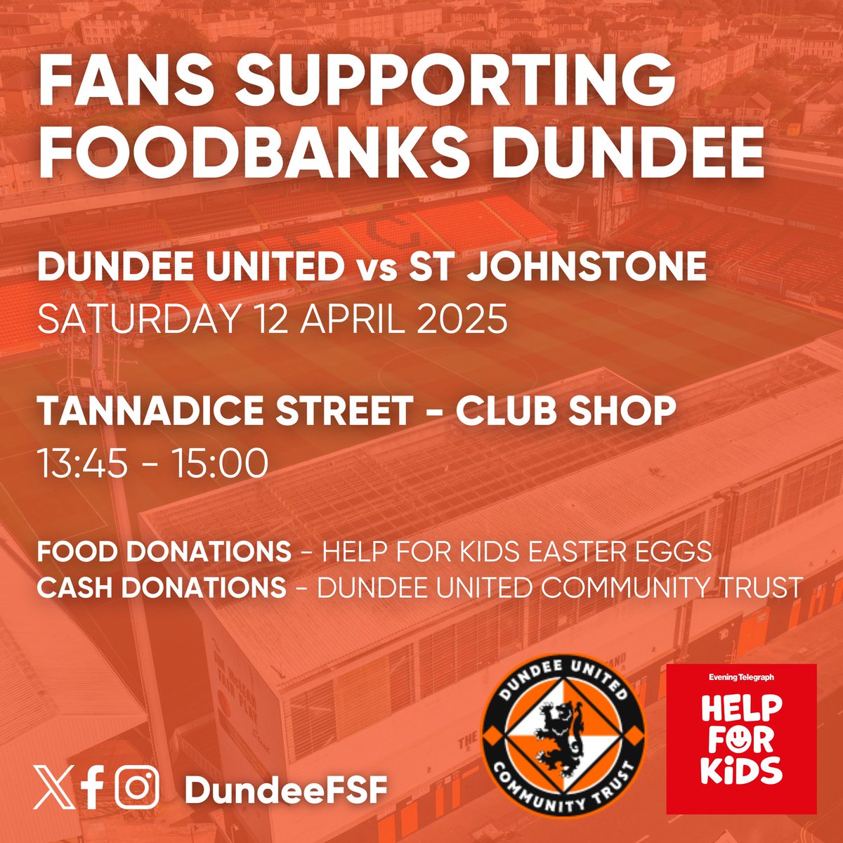 🐣 EASTER EGG COLLECTION 🥫

This weekend, we will be partnering with Help for Kids to collect Easter Eggs for children across Dundee! 🤝 

We will also be donating our bucket collection to support the fantastic work of <a href="/DundeeUnitedCT/">Dundee United Community Trust</a> ⚽️