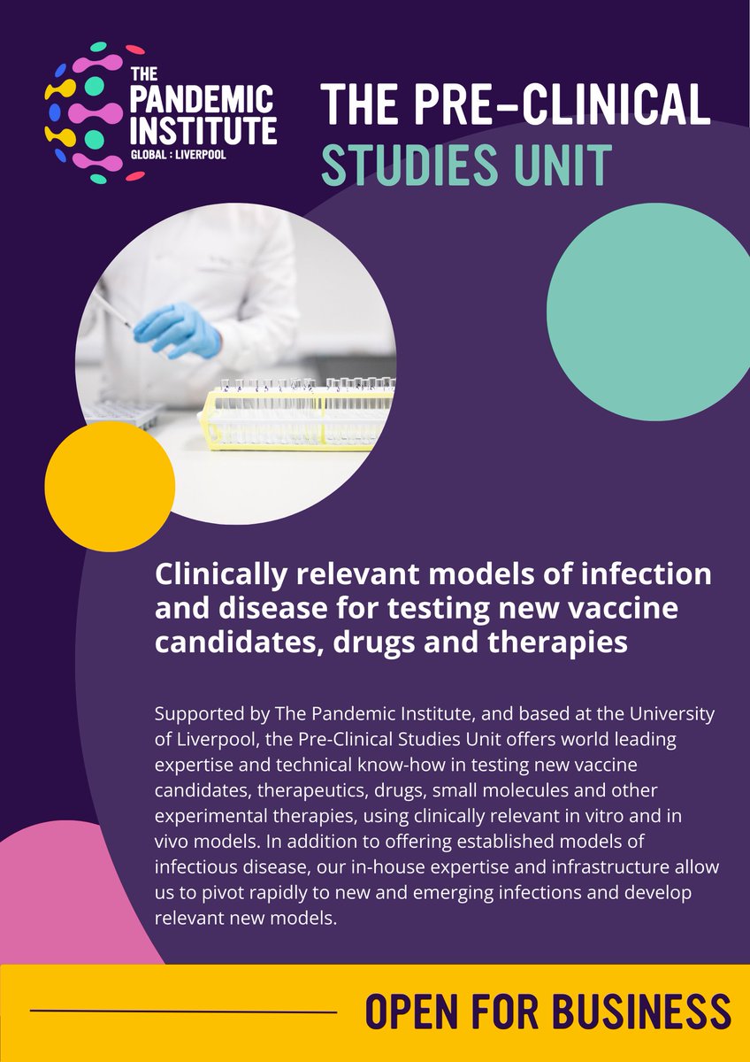 Did you know we have a Pre-Clinical Studies Unit? It offers clinically relevant models of infection and disease for testing new vaccine candidates, drugs and therapies. Find out more here: thepandemicinstitute.org/collaborate/pr…