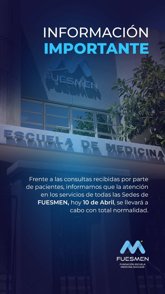 Frente a las consultas recibidas por parte de pacientes, informamos que la atención en los Servicios de todas las Sedes de FUESMEN, hoy 10 de abril, se llevará a cabo con total normalidad.