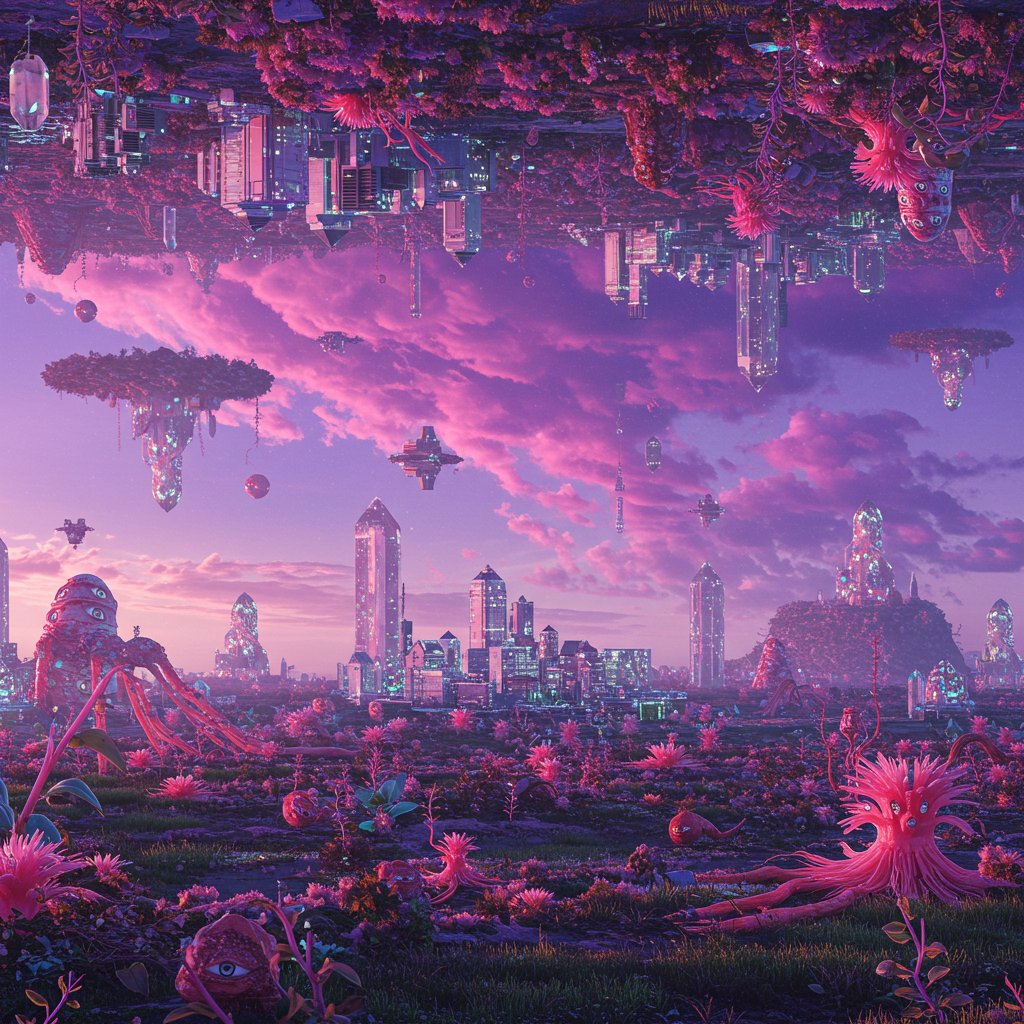 Step into the Chromaticaverse! Where gravity's a suggestion, cities hang upside-down, and flora glows with neon hues. Is it a dream? A glitch? Or just Tuesday in this reality? ✨

#ParallelUniverse #SciFiArt #Dreamscape #physics #solana