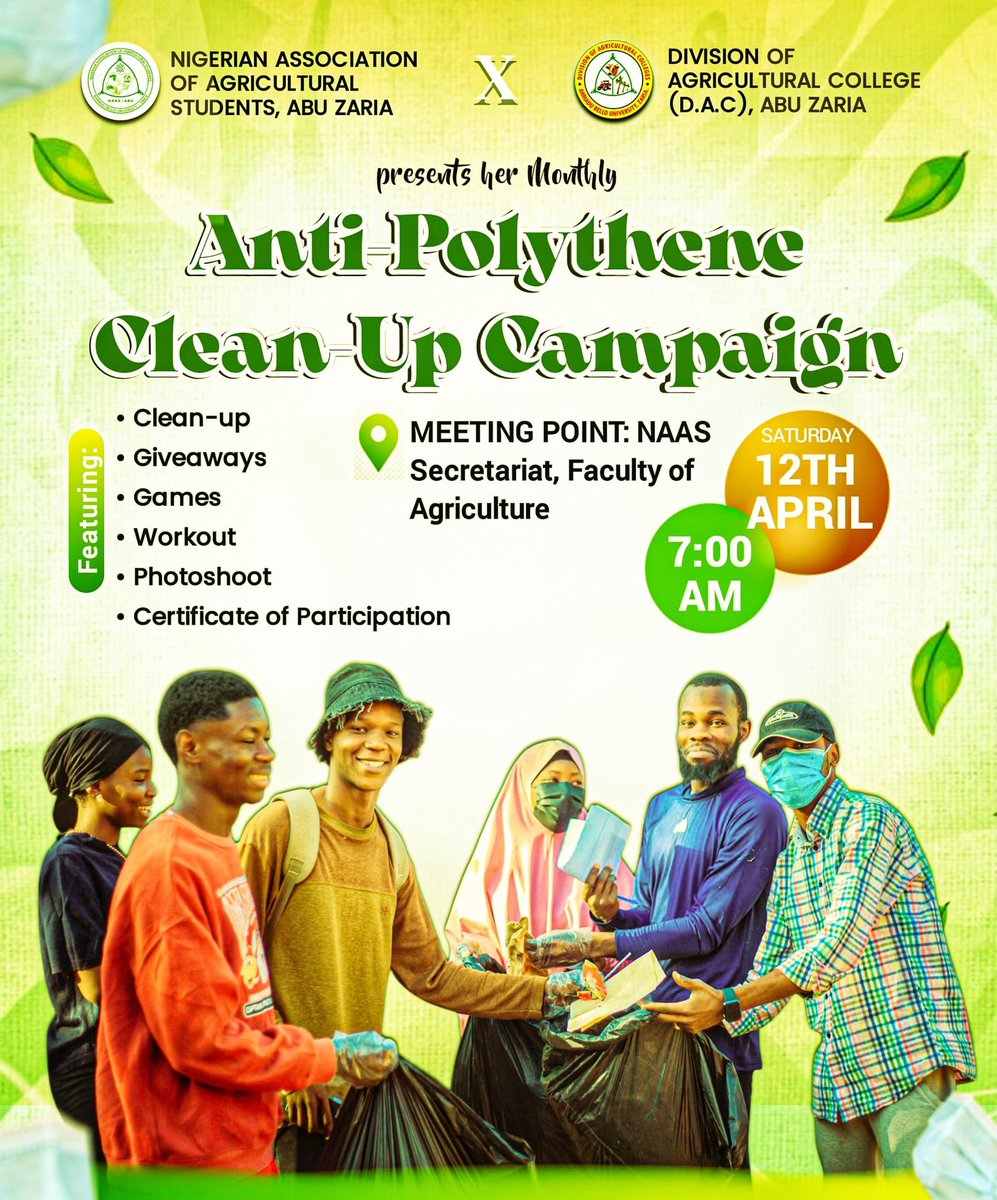 Attention NAASITES! 

I am pleased to announce to you that the anti-polythene clean-up campaign will commmence
Join us on the last Saturday of every month as we come together to clean up our school and say no to polythene pollution.

Let's take action to protect our environment.