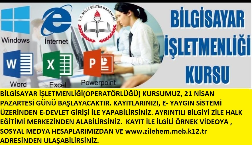 zilehemm's tweet photo. BİLGİSAYAR İŞLETMENLİĞİ(OPERATÖRLÜĞÜ) KURSUMUZ, 21 NİSAN PAZARTESİ GÜNÜ BAŞLAYACAKTIR. KAYITLARINIZI, E- YAYGIN SİSTEMİ ÜZERİNDEN E-DEVLET GİRİŞİ İLE YAPABİLİRSİNİZ. AYRINTILI BİLGİYİ ZİLE HALK EĞİTİMİ MERKEZİNDEN ALABİLİRSİNİZ. https://t.co/9KmiIS397r