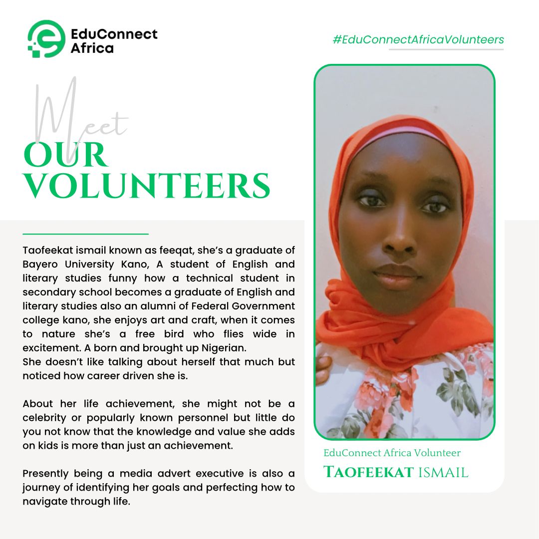 EduconnectAfr's tweet photo. Meet Taofeekat Ismail, our vibrant volunteer and media advert exec! A creative spirit from Bayero University Kano, she inspires with her drive, passion for nature, and dedication to helping kids grow.
#EduConnectAfricaVolunteers #EduReadChallenge https://t.co/mwtPPZFpuT