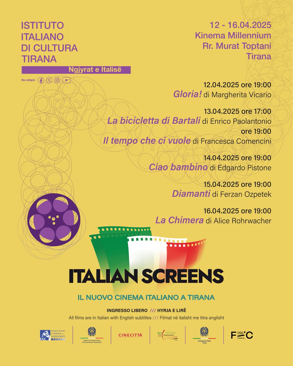 🇮🇹🎞️𝐈𝐭𝐚𝐥𝐢𝐚𝐧 𝐒𝐜𝐫𝐞𝐞𝐧𝐬 – 𝑰𝒍 𝑵𝒖𝒐𝒗𝒐 𝑪𝒊𝒏𝒆𝒎𝒂 𝑰𝒕𝒂𝒍𝒊𝒂𝒏𝒐 a Tirana!
Segnati le date e non perderti questi fantastici appuntamenti!
𝟏𝟐.𝟎𝟒.𝟐𝟎𝟐𝟓 - 𝟏𝟔.𝟎𝟒.𝟐𝟎𝟐𝟓
Cinema Millenium
Ingresso Libero
Film in italiano con sottotitoli in 🇬🇧