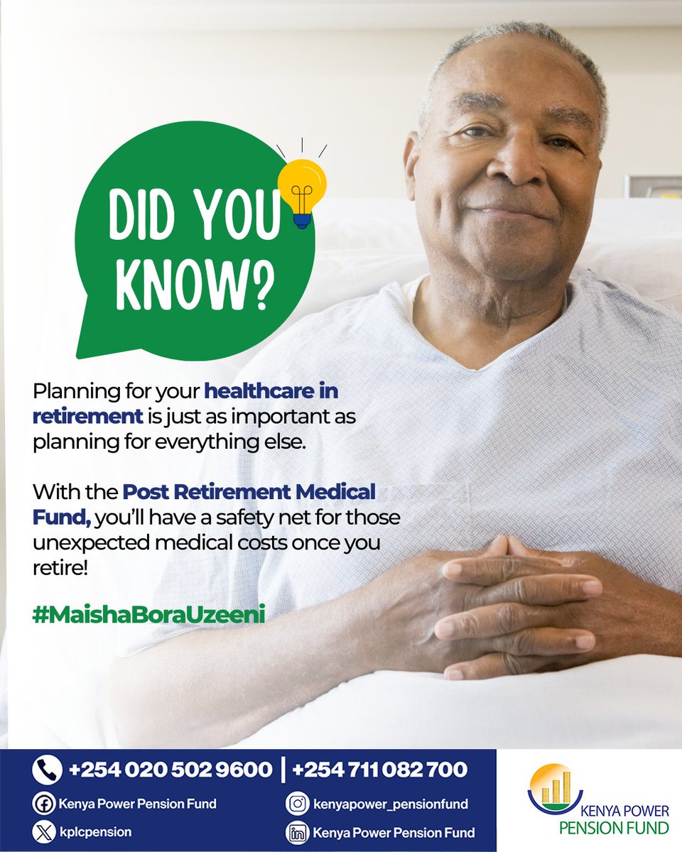 kplcpension's tweet photo. Your Post Retirement Medical Fund helps you stay covered for medical expenses when you're no longer working. One less thing to worry about in retirement.​

For more information, Email us at: info@kppf.co.ke ​

#PRMF #RetirementHealth #SecureYourFuture https://t.co/tsaR0pbg2g