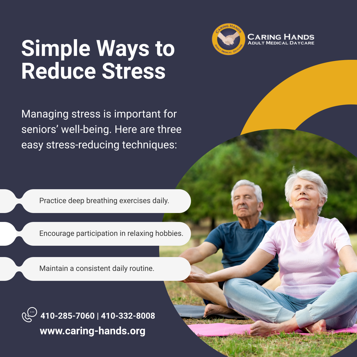 caringhandsamd's tweet photo. Stress management is crucial for seniors’ health. Promote relaxation and well-being with simple daily habits.

#BaltimoreMD #AdultDayCare #StressRelief https://t.co/RfKpthanS1