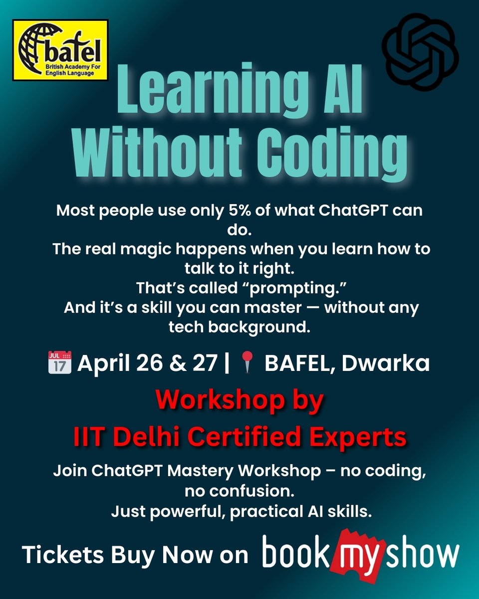 bafelacademy's tweet image. Learning AI Without Coding!
🎓 WorkShop by IIT Delhi Certified Experts
Click Here to Buy the Ticket: bafel.co.in/blog/chatgpt-m…
#ChatGPT #AIWithoutCoding #ProductivityTools #UpskillNow #AIForEveryone #ChatGPTWorkshop #NoCodeAI