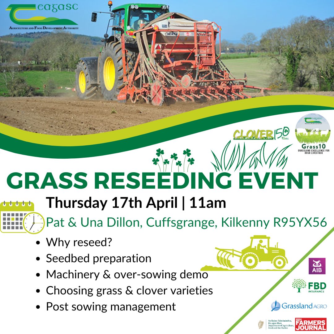 🚨Want to grow more grass 🌱🌱on your farm? 

Come and see how at our reseeding demonstration on former monitor farm of Pat and Una Dillon next week!
 
All are welcome to attend 
📍 R95YX56
🗓️Thursday 17th April 
🕙11am
