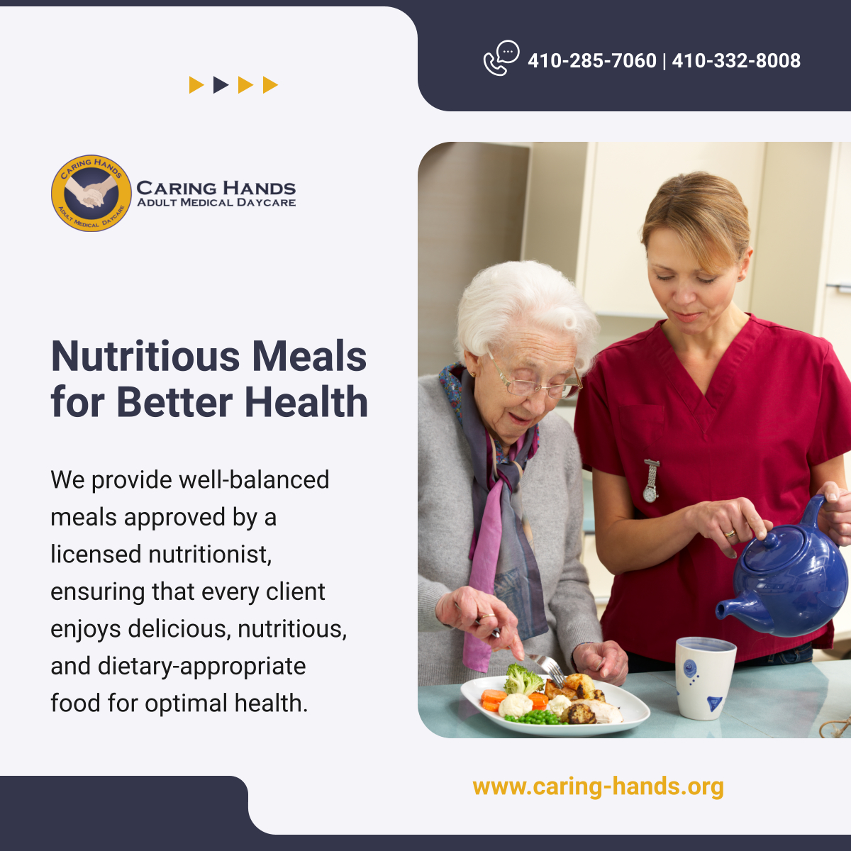 caringhandsamd's tweet photo. A well-balanced diet supports overall well-being. Our nutrition-focused meals cater to special dietary needs, ensuring seniors stay healthy and satisfied. 

#BaltimoreMD #AdultDayCare #HealthyMeals https://t.co/ap8G7mTvKp