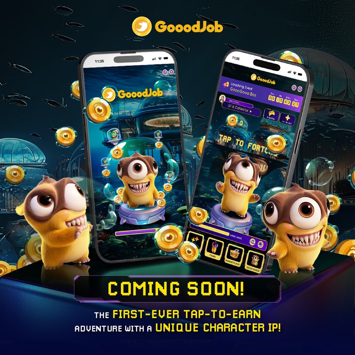 Gooodjob_io's tweet photo. 🚨 COMING SOON – 13.04.2025
Meet GoooGooo, your new favorite tap-to-earn buddy! 💥
Get ready for the first-ever adventure where every tap brings rewards 💰
A game. A journey. A universe. #GooodJob
🟨 Tap to Fortune starts soon. 🚀🚀🚀 https://t.co/YjUy6L2747