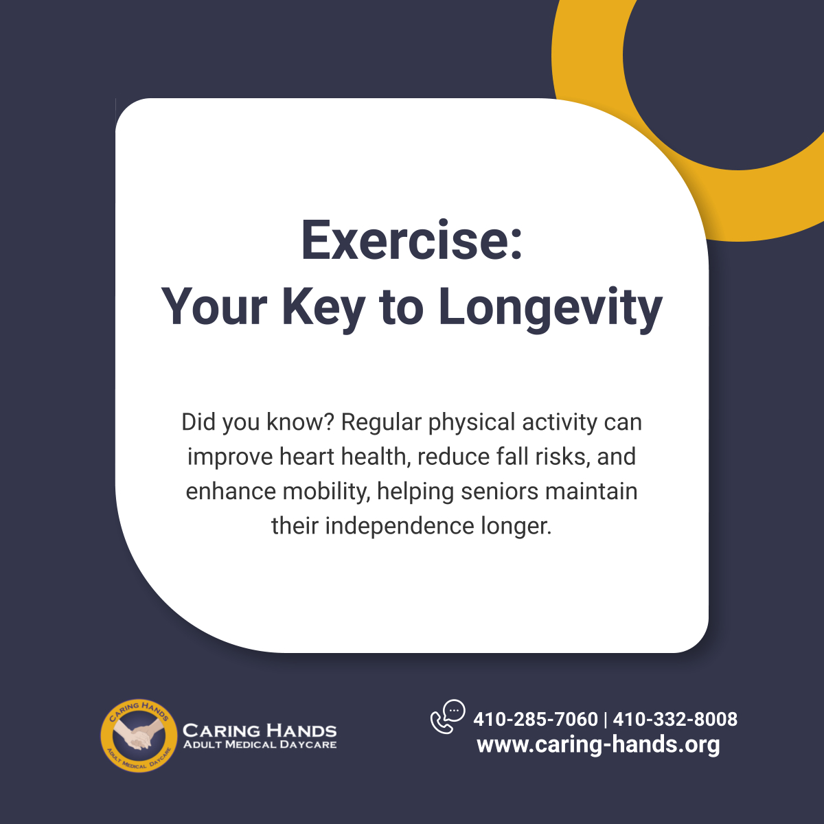 caringhandsamd's tweet photo. Staying active is key to a longer, healthier life! Encourage movement to support your loved one’s well-being and longevity.

#BaltimoreMD #AdultDayCare #ActiveLiving https://t.co/Py2Vug9CBa