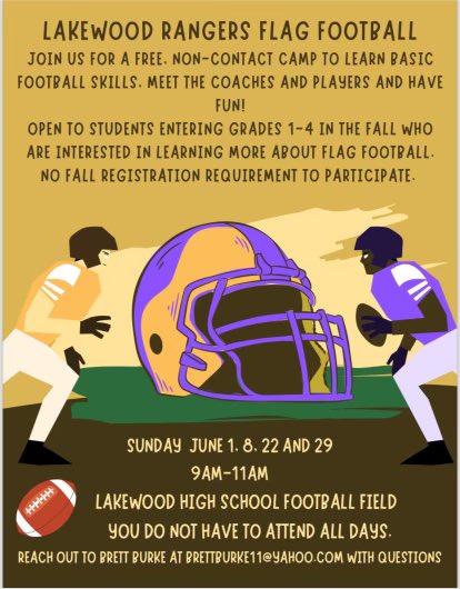 Youth football opportunities this spring!  

1. Rising 5th/6th: Tuesdays until 5/23, 5-6pm at LHS Gym 

2. Rising 3rd-8th: Varsity camp, Wednesdays 4/23-5/28, 6-7pm at LHS Field

3. Rising 1st-4th: Sundays, June 1-29 (off Father's Day), 9-11am  

#Homegrown #RangerNation