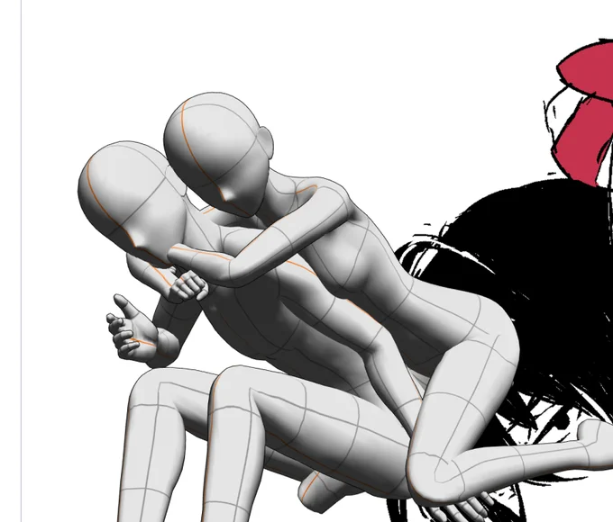 やっとこさ3D人形で二人のポーズ作れたけどどうしても腕が顔を貫通するのは直せずヤケになって遊んだらくがきです 