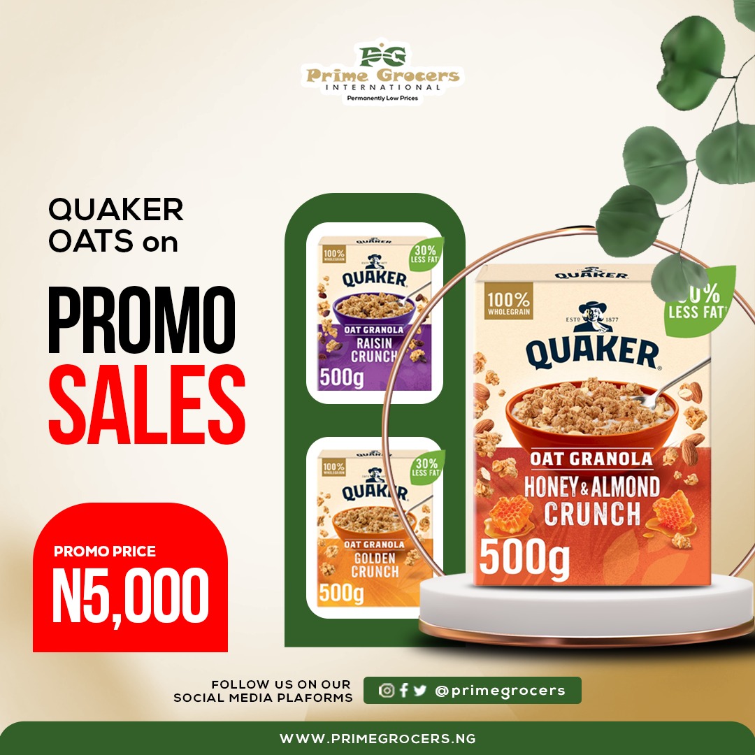 PrimeGrocersint's tweet photo. Easter Just Got Crunchier!
Celebrate the season with a healthy twist! Enjoy our Easter Promo Sales on Quaker Oat Granola (500g) – all flavors available at just ₦5,000
Stock up now, while stIll last.
Shop online: https://t.co/VmphLLhDSs https://t.co/gZBYr5Jc7r