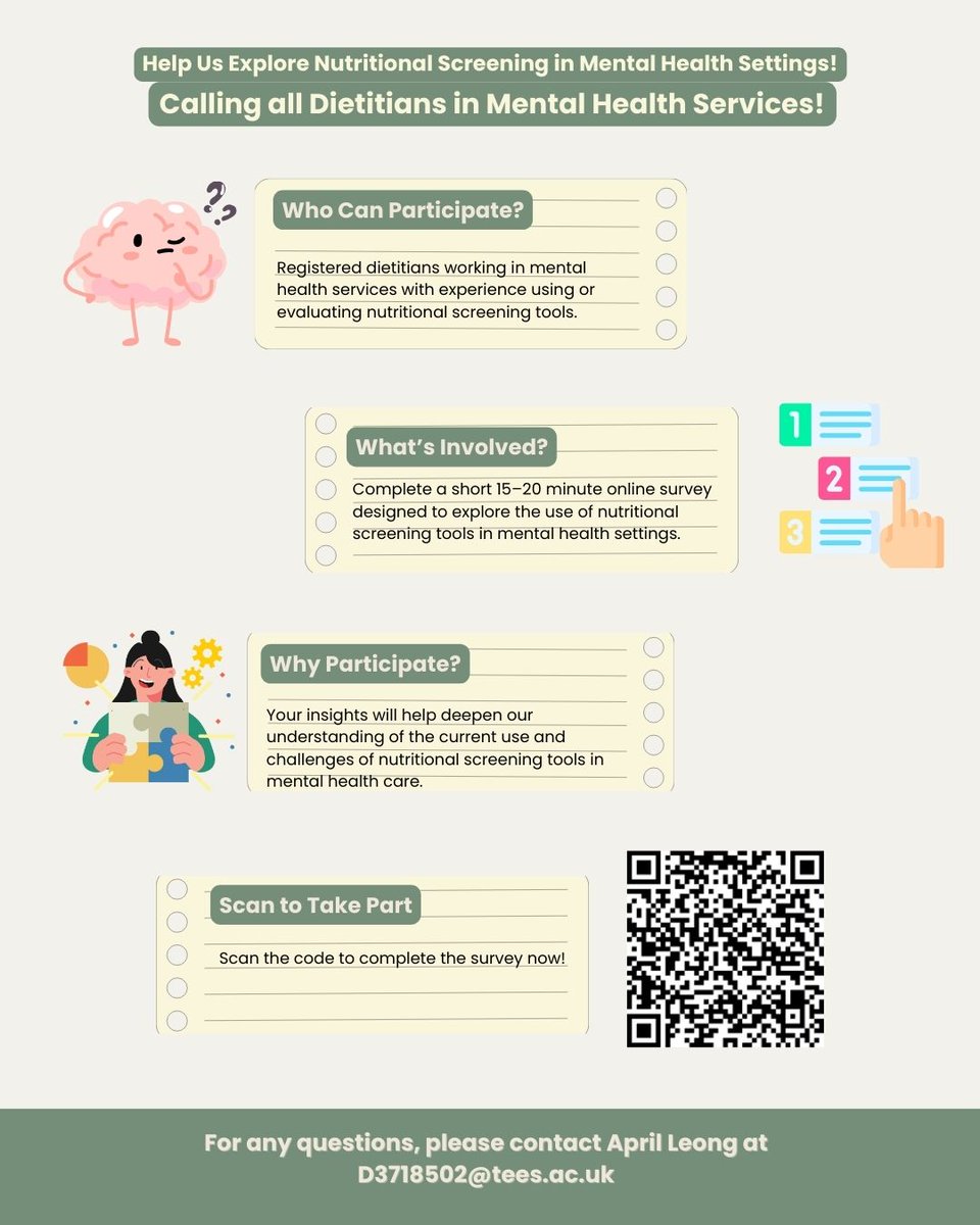 BDA Mental Health Specialist Group (@dietitians_mhg) on Twitter photo In collaboration with an MSc Dietetics student we're conducting research exploring nutritional screening in inpatient mental health and LD settings.
MH & LD RDs: Please scan the below QR code or follow the link to read more & take part in our short survey!
app.onlinesurveys.jisc.ac.uk/s/teesside/exp… In collaboration with an MSc Dietetics student we're conducting research exploring nutritional screening in inpatient mental health and LD settings.
MH & LD RDs: Please scan the below QR code or follow the link to read more & take part in our short survey!
app.onlinesurveys.jisc.ac.uk/s/teesside/exp…