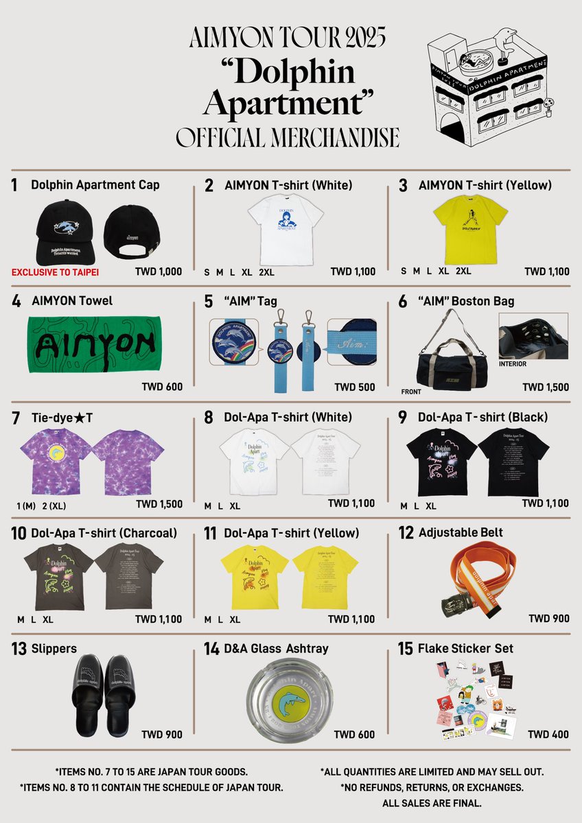 AIMYON TOUR 2025
“Dolphin Apartment” in TAIPEI 

【当日情報＆GOODS情報】

各ブースの時間や注意事項等、
ご来場のお客様はご確認をお願いします。
aimyong.net/feature/dolphi…

#愛繆