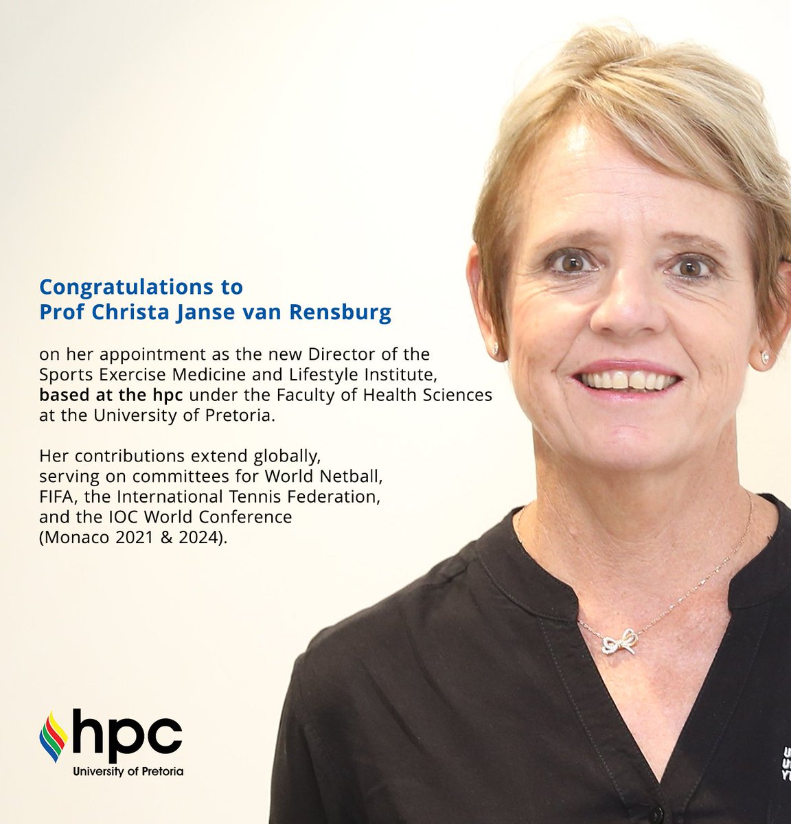 hpc - hotel & sports centre (@hpcrsa) on Twitter photo ๐๐ฒ๐น๐ฒ๐ฏ๐ฟ๐ฎ๐๐ถ๐ป๐ด #WomenInSports ๐ ๐ฒ๐ฑ๐ถ๐ฐ๐ถ๐ป๐ฒ
We proudly congratulate Prof. Christa Janse van Rensburg on her appointment as the new Director of the Sports Exercise Medicine and Lifestyle Institute (SEMLI) based at the hpc, under the <a href="/Faculty_HSUP/">Faculty of Health Sciences at UP</a> at <a href="/UPTuks/">University of Pretoria</a>. ๐๐ฒ๐น๐ฒ๐ฏ๐ฟ๐ฎ๐๐ถ๐ป๐ด #WomenInSports ๐ ๐ฒ๐ฑ๐ถ๐ฐ๐ถ๐ป๐ฒ
We proudly congratulate Prof. Christa Janse van Rensburg on her appointment as the new Director of the Sports Exercise Medicine and Lifestyle Institute (SEMLI) based at the hpc, under the <a href="/Faculty_HSUP/">Faculty of Health Sciences at UP</a> at <a href="/UPTuks/">University of Pretoria</a>.