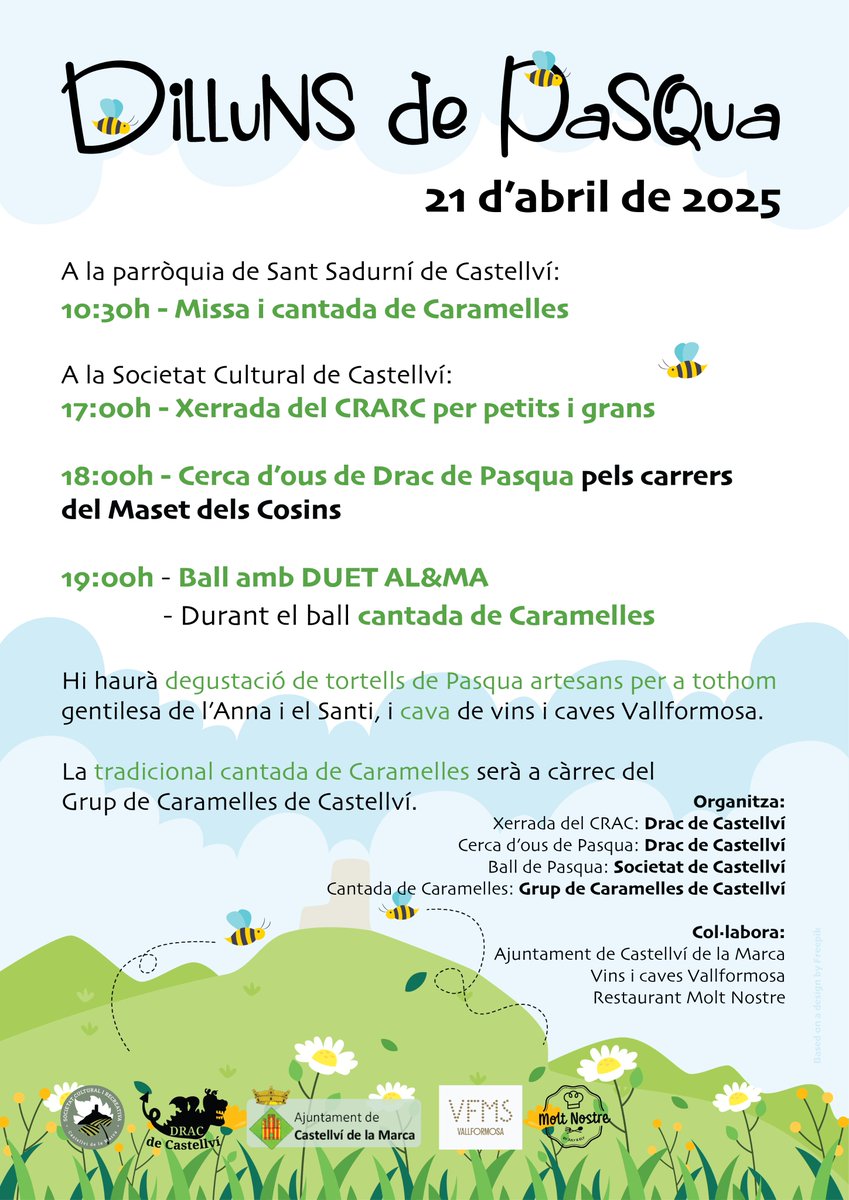 PASQUA | Les entitats de Castellví organitzen el Dilluns de Pasqua.

Missa i cantada de caramelles, xerrada amb el <a href="/CRARC_Masquefa/">CRARC</a>, cerca d'ous de Pasqua i ball amb el duet Al&amp;Ma.

Trobareu tota la informació amb horaris concrets al cartell.

No hi falteu!

#castellvídelamarca