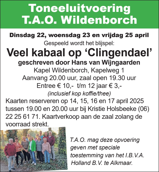 kplwildenborch's tweet photo. Op dinsdag 22, woensdag 23 en vrijdag 25 april a.s. treedt T.A.O. Wildenborch weer op!

VEEL KABAAL OP ‘CLINGENDAEL'

Volgende week kun je kaarten reserveren! Wees er snel bij, want op is op!

#wildenborch #vorden #lochem #barchem #achterhoek #toneel #blijspel https://t.co/irGT3OlTwZ