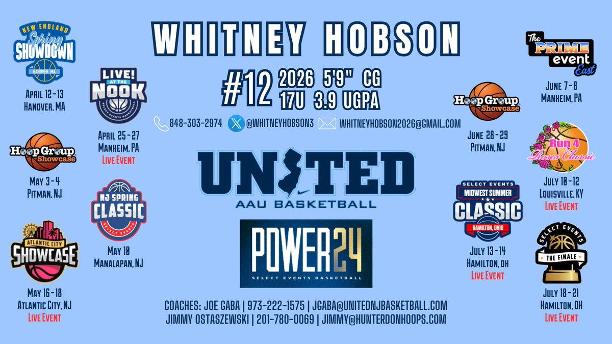 Whitney Hobson (@whitneyhobson3) on Twitter photo Ready to kick off my last AAU season with <a href="/unitedNJaau/">United NJ AAU</a> 17U Power 24. Can't wait to get back on the hardwood with my teammates and <a href="/CoachGaba/">Coach Joe Gaba</a>! <a href="/CoachJimmy_O/">Jimmy Ostaszewski</a> <a href="/mattkmcc/">Matt McCarthy</a> <a href="/TinyGreenNBS/">Coach Tiny Green</a> Ready to kick off my last AAU season with <a href="/unitedNJaau/">United NJ AAU</a> 17U Power 24. Can't wait to get back on the hardwood with my teammates and <a href="/CoachGaba/">Coach Joe Gaba</a>! <a href="/CoachJimmy_O/">Jimmy Ostaszewski</a> <a href="/mattkmcc/">Matt McCarthy</a> <a href="/TinyGreenNBS/">Coach Tiny Green</a>