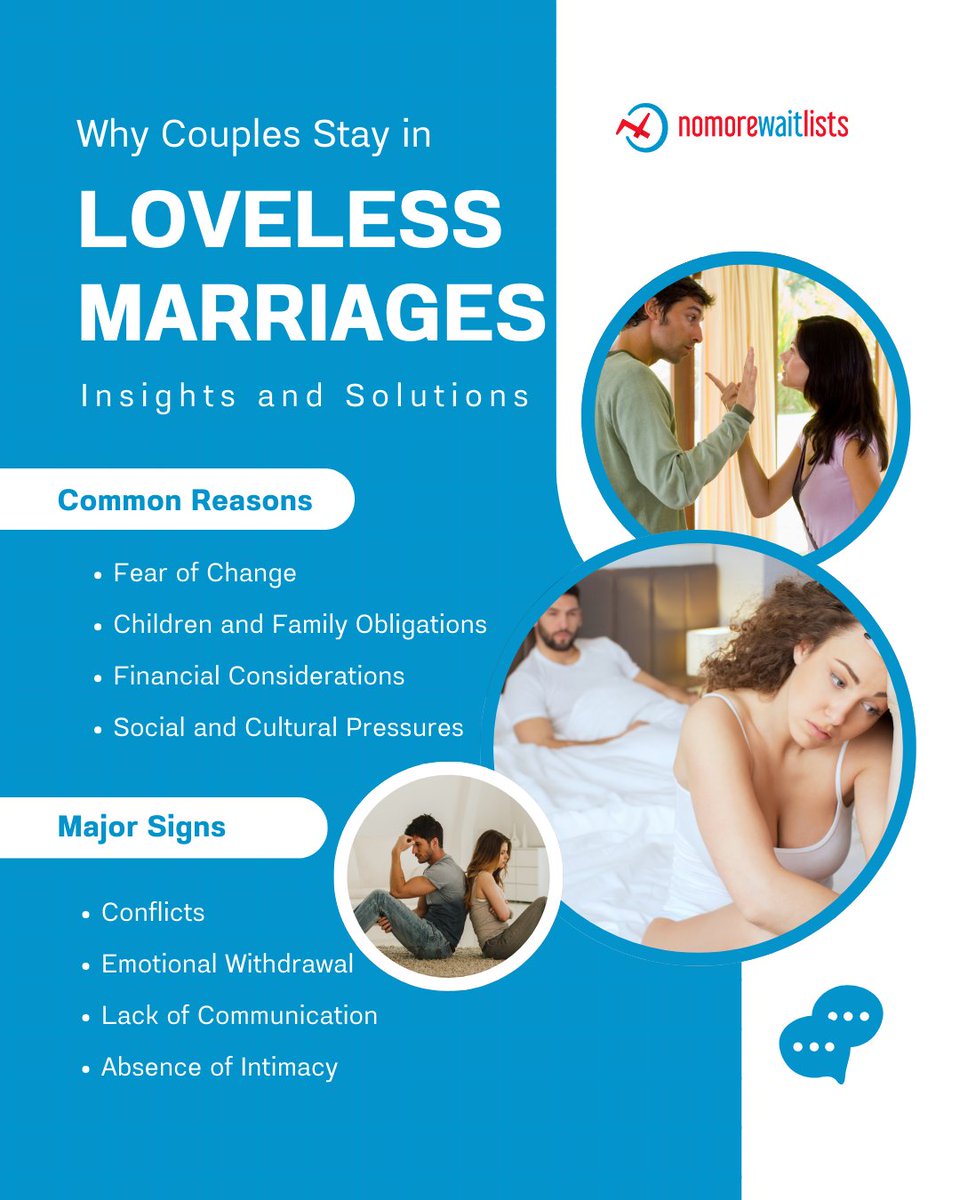 Why do couples stay in loveless marriages? 💔
Fear, finances, kids, or hope for change—many reasons, but mental health often pays the price.

You're not alone. Find support fast at NoMoreWaitlists.net 💬

#MentalHealth #CouplesTherapy #NoMoreWaitlists #MarriageHelp